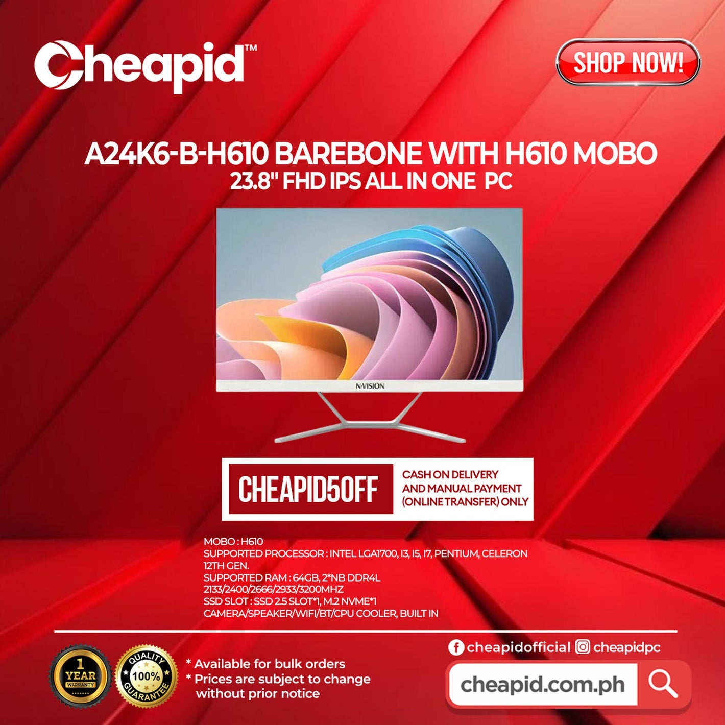 Barebone AIO A24K6-B-H610 Barebone With H610 Mobo
23.8" FHD IPS All in One PC